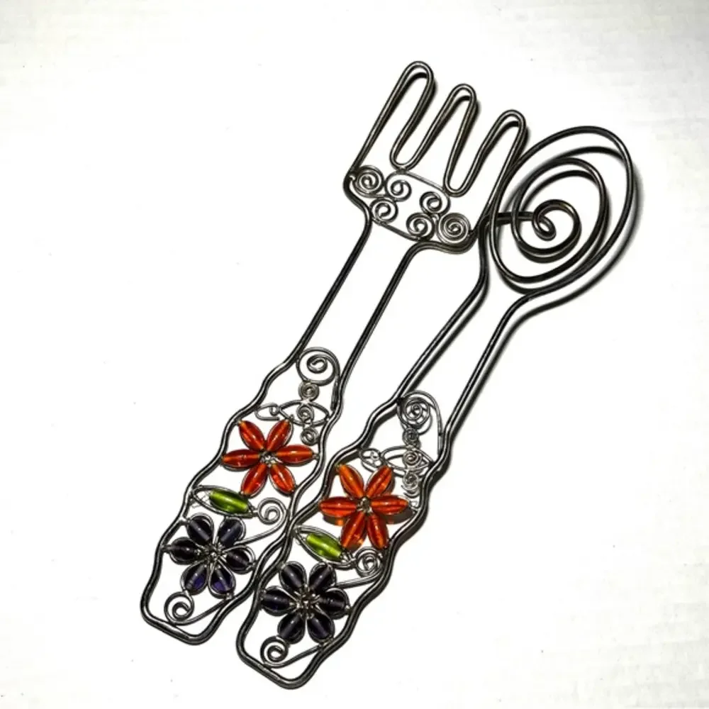 Vintage Scrolled Metal  Fork and Spoon Wall Art With Beaded‎ Flowers